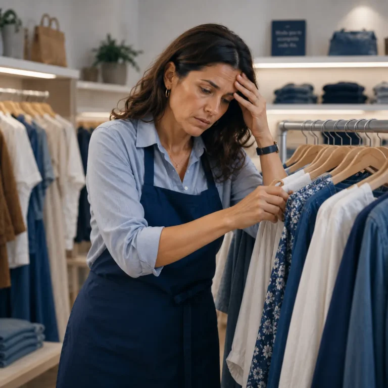 Una empleada de la industria textil con delantal azul se lleva la mano a la cabeza con gesto de agotamiento y frustración frente a un perchero, representando los servicios de software corporativo para detectar, prevenir y mitigar el burnout y el estrés laboral en el sector retail.