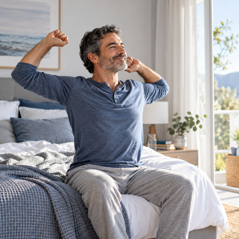 Hombre descansado estirándose en la cama por la mañana, programa de mejora del sueño para empresas de openhealth