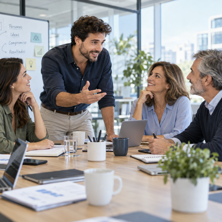 Equipo de oficina sonriente en una reunión de trabajo, servicios de engagement y satisfacción de empleados por openhealth