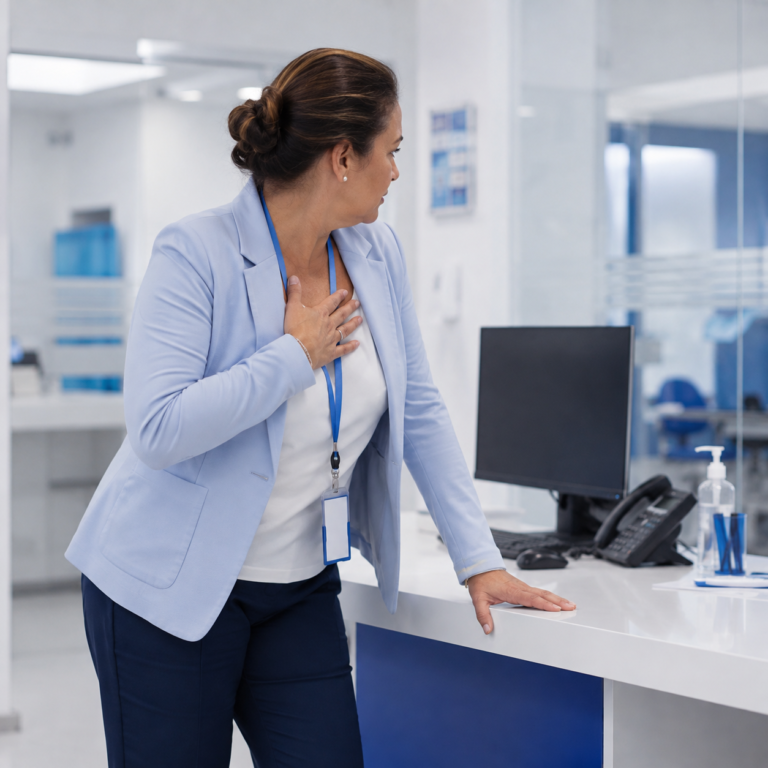 Mujer en la oficina con la mano en el pecho por estrés laboral, servicio de salud laboral de openhealth