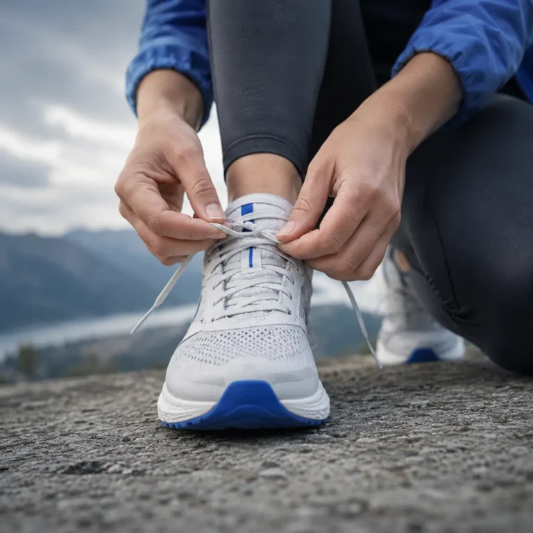 Primer plano de una persona atándose los cordones de unas zapatillas deportivas antes de entrenar en el exterior, representando los programas de ejercicio físico, planes de entrenamiento y fomento de la actividad diaria en el entorno laboral a través de la plataforma SaaS.