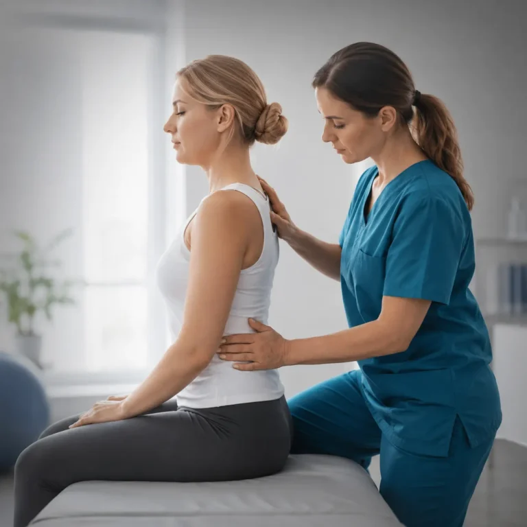 Una fisioterapeuta con uniforme azul evalúa y corrige la postura de la espalda de una empleada sentada en una camilla, ilustrando los servicios corporativos de fisioterapia presencial o híbrida para el tratamiento y prevención de lesiones musculares.
